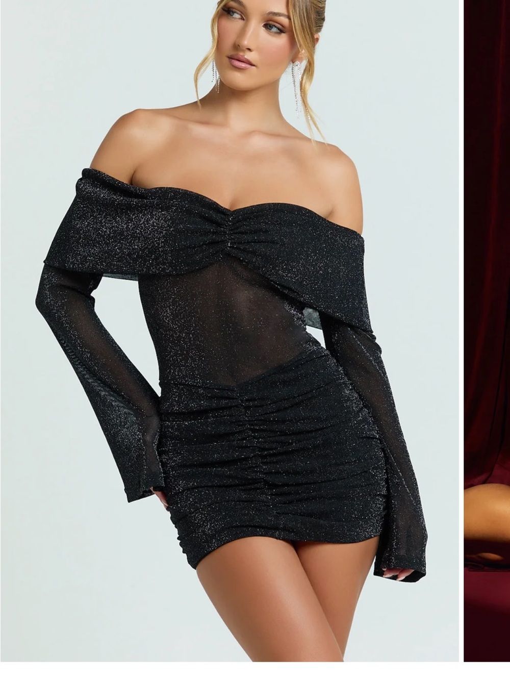 Showpo Rumi Sparkle Off-Shoulder Black Ruched Mini Dress NWT